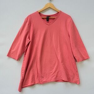 Focus Casual Life Womens Large Top Coral V Neck 3/4 Sleeve Asymmetric Lagenlook